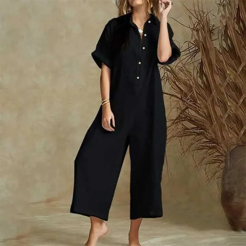 Damen -Jumpsuits Rompers neue Sommer Jumpsuit Frauen elegante Gelegenheitsverletzungsschnalle gedruckt Fe Overall Woman Hosen Spielanzug Overalls Bodysuit Strampler D240507