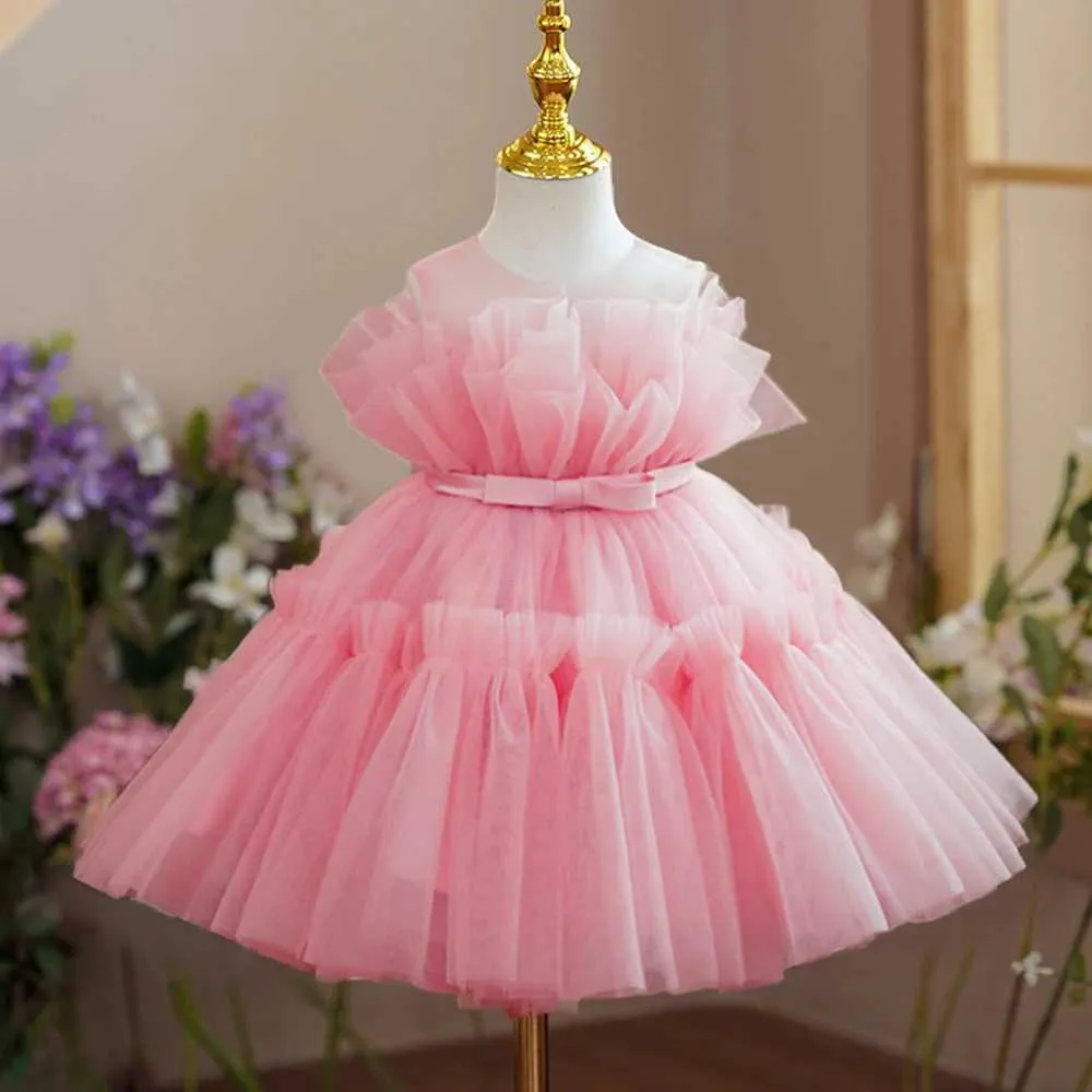 Flickas klänningar rosa bröllop baby flicka fest klänning elegant ruffle spets prinsessa födelsedag barns klänning flicka kväll boll brud klädl2405