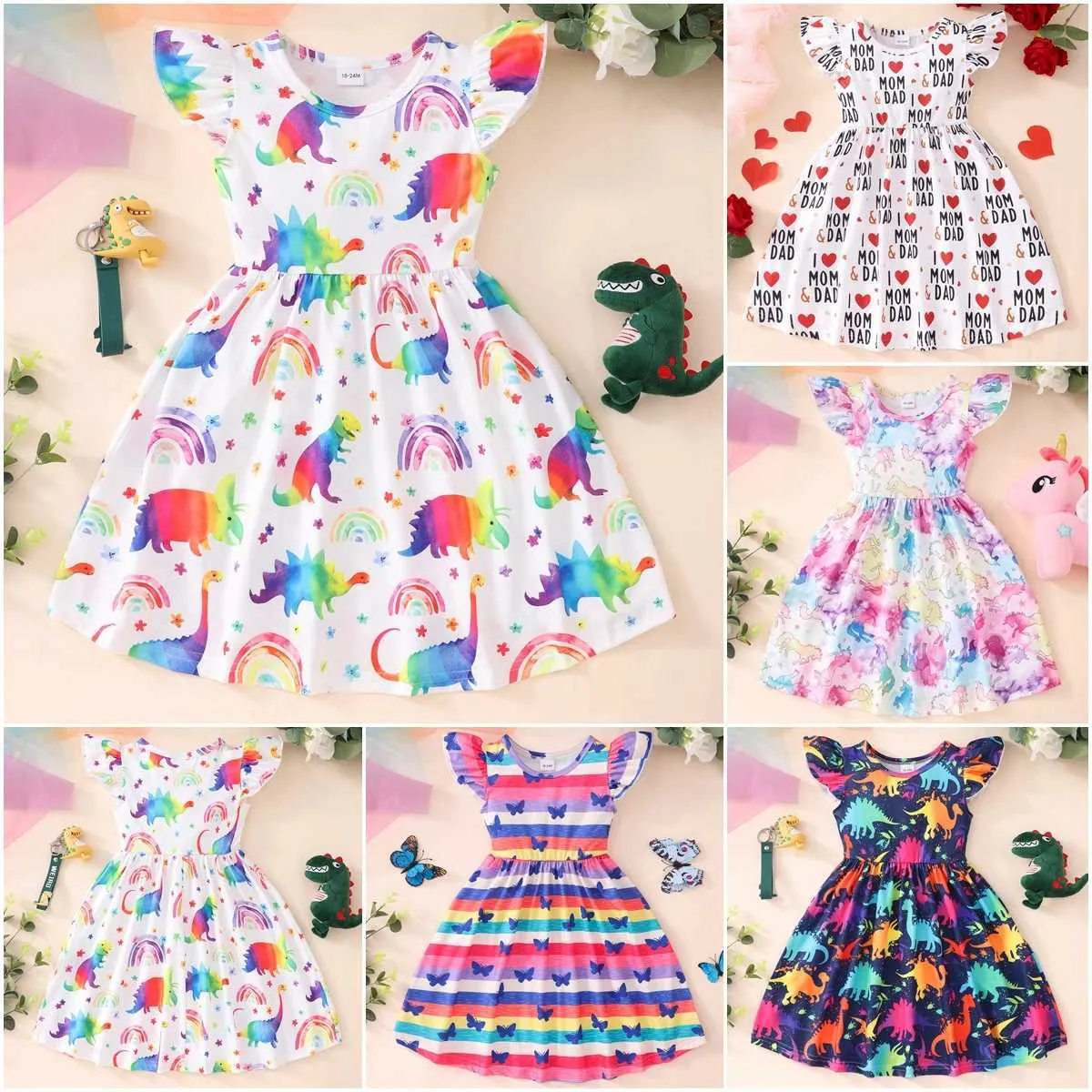 Girl's Dresses 2024 Girls Dress Flight Sleeves Dress Baby Girls Party Tutu Ruffled Rainbow Dinosaur Dress Cotton Newborn Clothing 2-9YL2405
