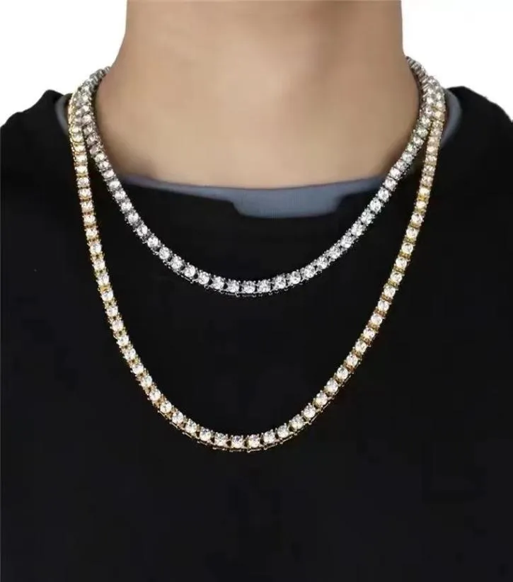 Collier à chaîne à une seule rangée en diamant complet et américain Collier à chaîne à une seule rangée Fashion Goldsilver Titanium Ice Colliers 9803878