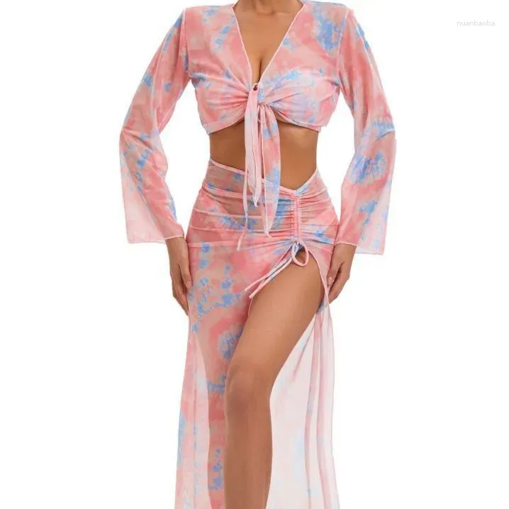 Dames badmode vrouwen 4pack print bikini sets met lange mouwen met meshbroeken bedek ups zwempak vrouwelijke string strand badpakken pakken