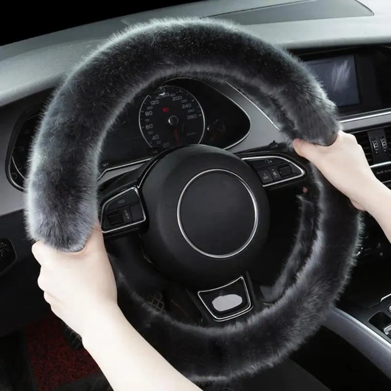 Steering Wheel Covers Universal Warm Soft Plush Car Cover Winter Solid Color Fluffy Case Auto Interior Accessories