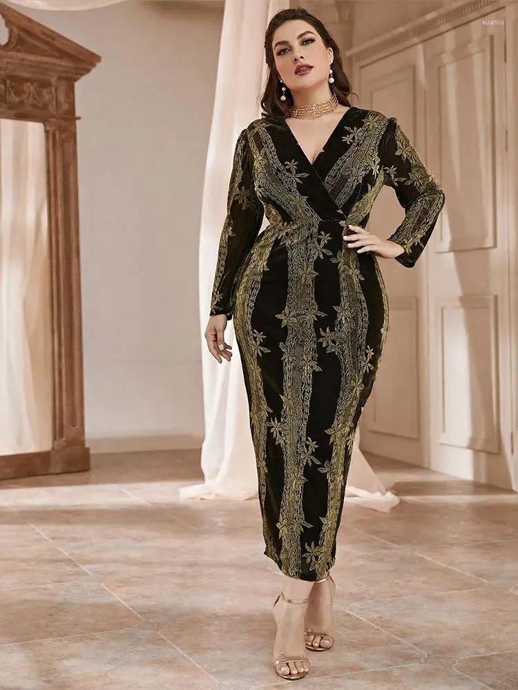 プラスサイズのドレスTOLEEN女性Maxiプラスサイズの女性のファッションデザインガーゼスカートフォーマルオシップデカールVネック長袖ドレス