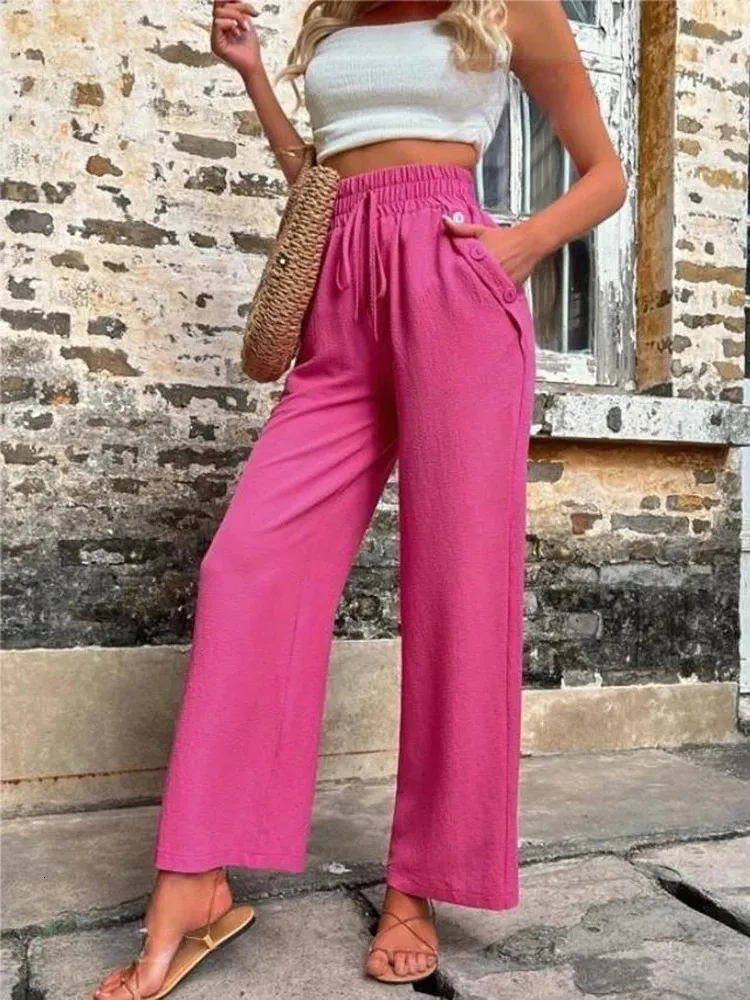 Lente zomer casual enkellengte broek dames elastische hoge taille losse broek solide vrouwen basiss eenvoudige ol rechte broeken 240420