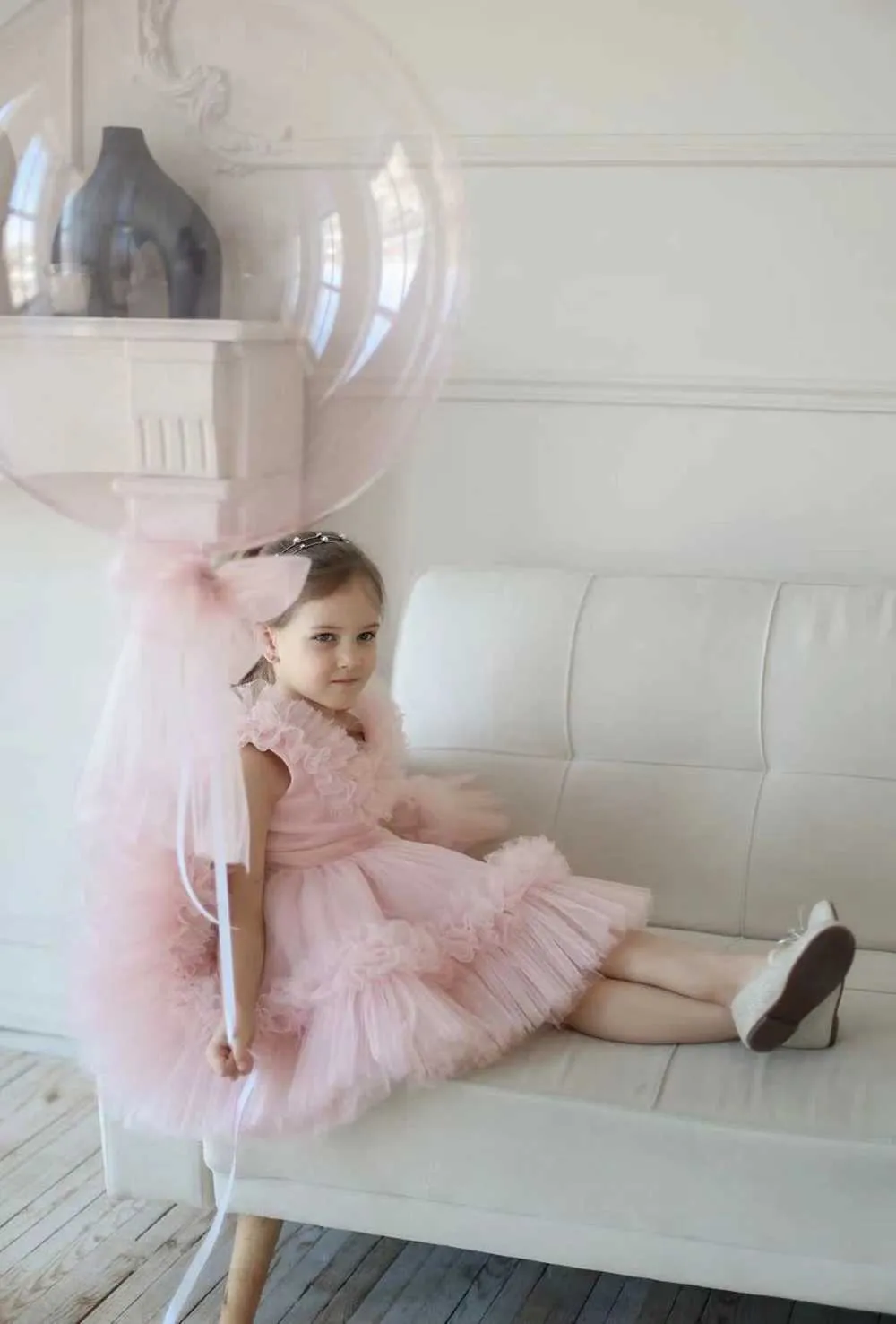 Christening dresses Light pink sheer sleeveless flower girl wedding dress used for knees long bows cute princesses baby communion baptismal party ball Q240507