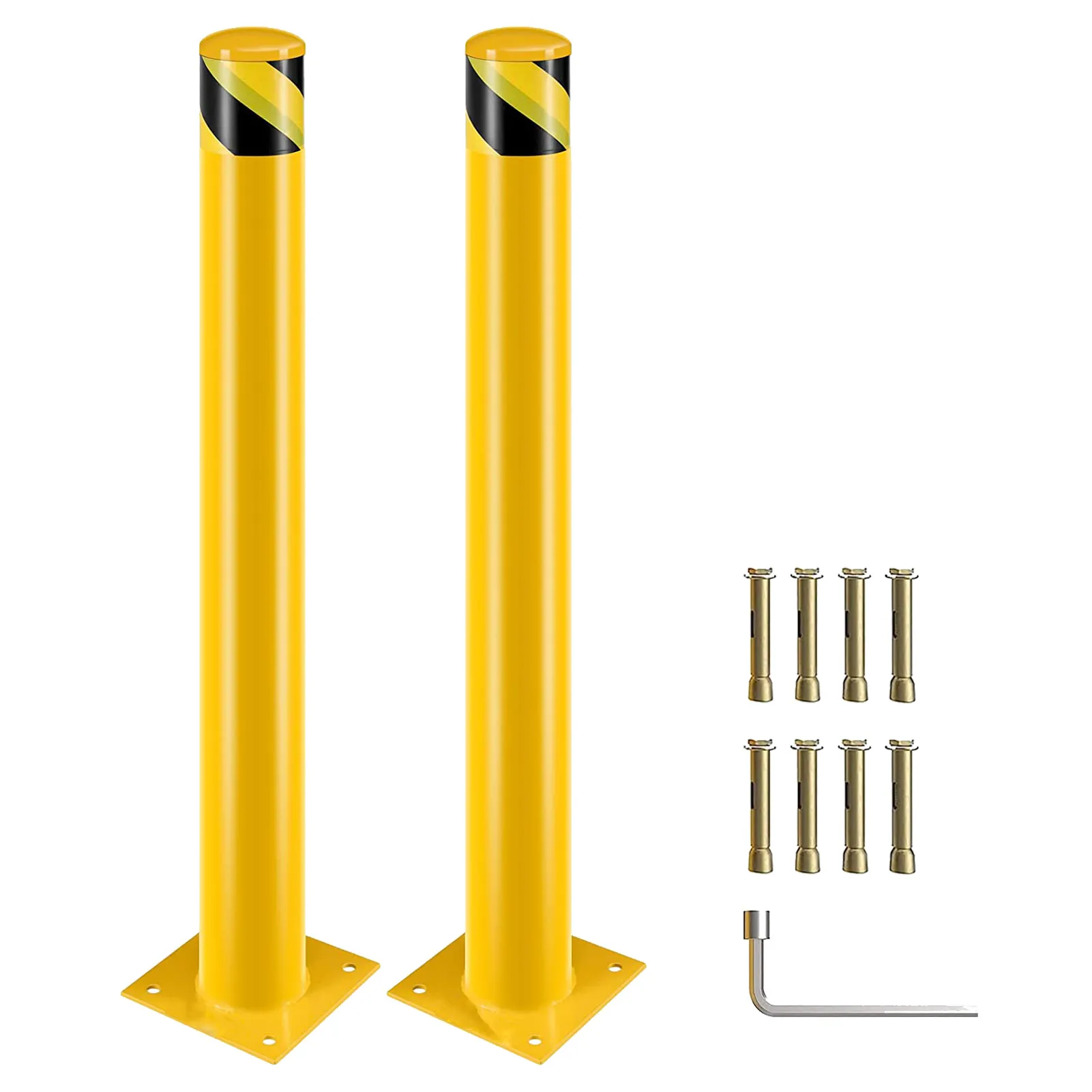 48inch Height Bollard Post, Yellow Powder Coated Safety Parking Barrier Post with 4 Anchor Bolts, Steel Safety Pipe Bollards for High Traffic Areas