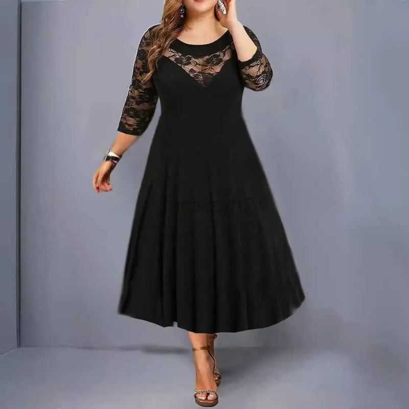 Casual jurken Designer Dress Oversized dames ronde nek kanten patchwork drie kwart mouw grote zoomjurk plus size jurken