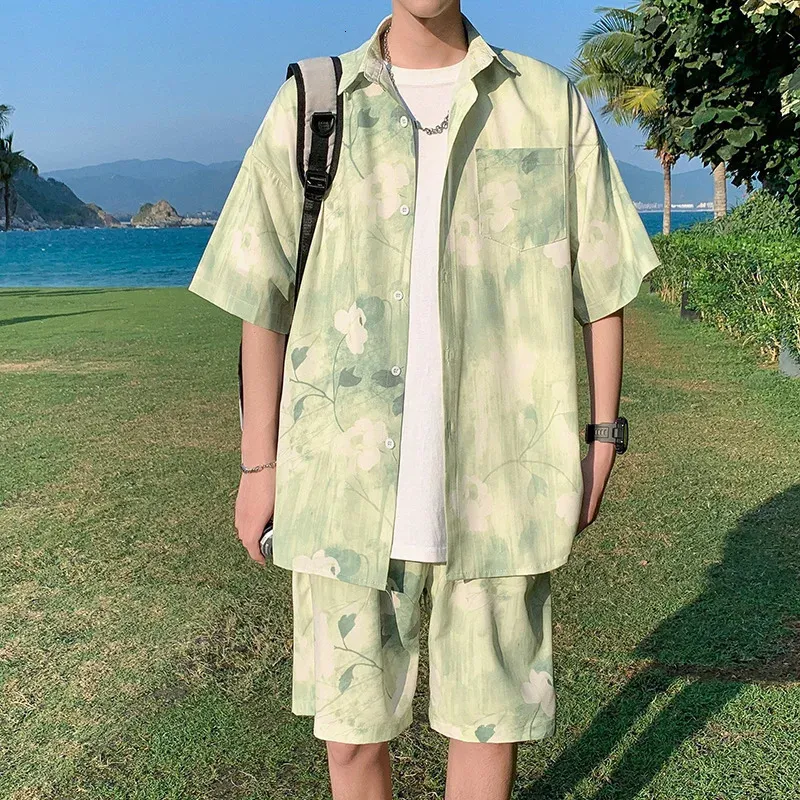 Summer Men Tenged Two-once Shirt and Shorts Printing Thin Fin Silky Leisure Time Clothes Beach Travel Oversize Sets Male 240425