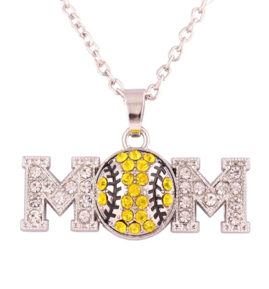 Sporty Style Rhinestone Crystal Baseball Mom Pendentil avec émail antique Collier plaqué en argent bijoux20244497113579