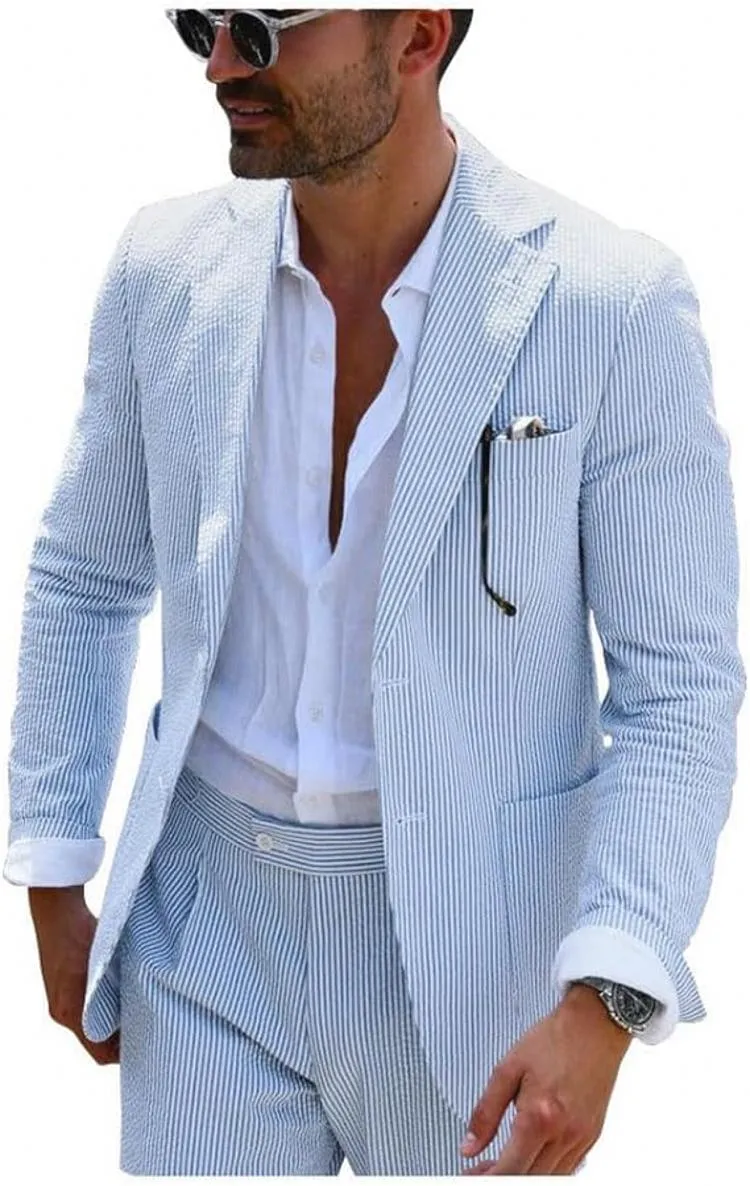 Slim Fit Mens Blue seersucker Summer Suit Grooms Suit for Wedding Mens Formal Business Suit Prom Dress W:1258