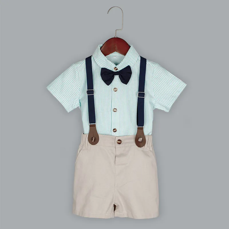 Boys Sump Summer Handsome Short Shorte Shirt Backpack Parers Set a quattro pezzi (camicia + pantaloni + zaino + papillon)