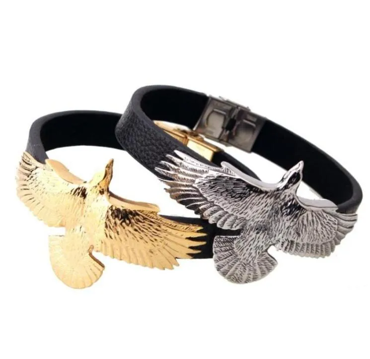 11mm Neues Geschenk Trendy 316L Edelstahl Silber Farb Eagle Form schwarzer echtes Leder Armband Herren Jungen Armband Bangle46666750