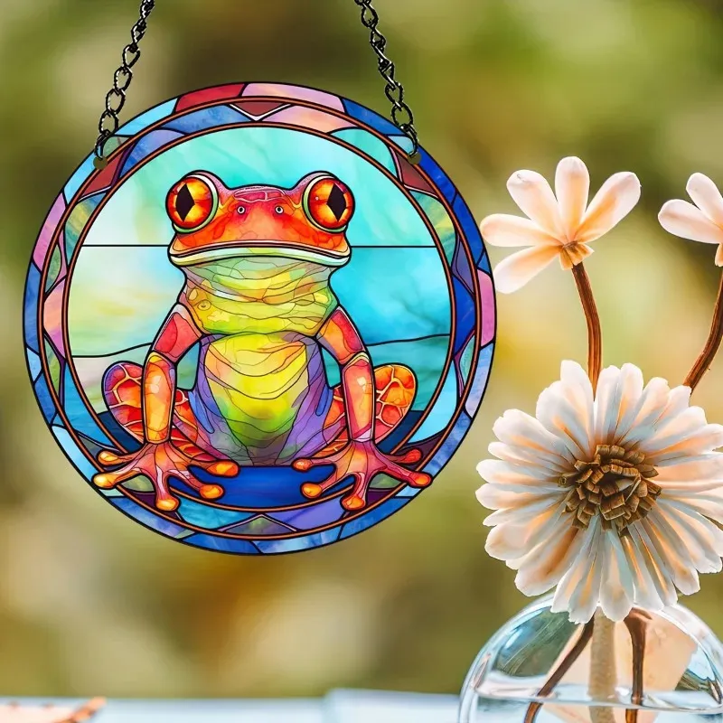 Funny Frog Plastic Suncatcher Stained Plastic Window HangingOutdoor Housewarming Home Garden Circular Acrylic Pendant Decor 240423