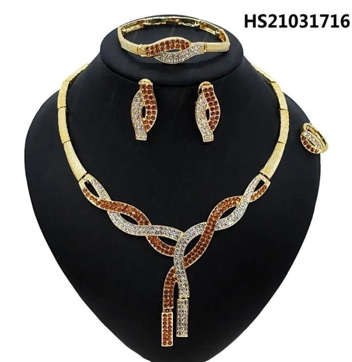 Yulaili est Dubai Gold Jewelry sätter Red Rhinestone Halsbandörhängen Charm Brangle Ring Women Party Jewelerie Set Whole8728352