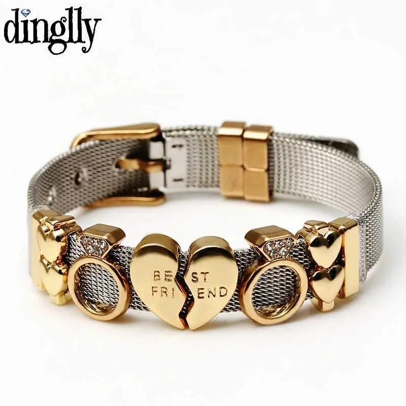 Ketting Dinglly Twee toon roestvrijstalen mesh -armband geschikt voor vrouwen goud liefde kralen 10 mm lint mesh armband en armband geschenken J240508