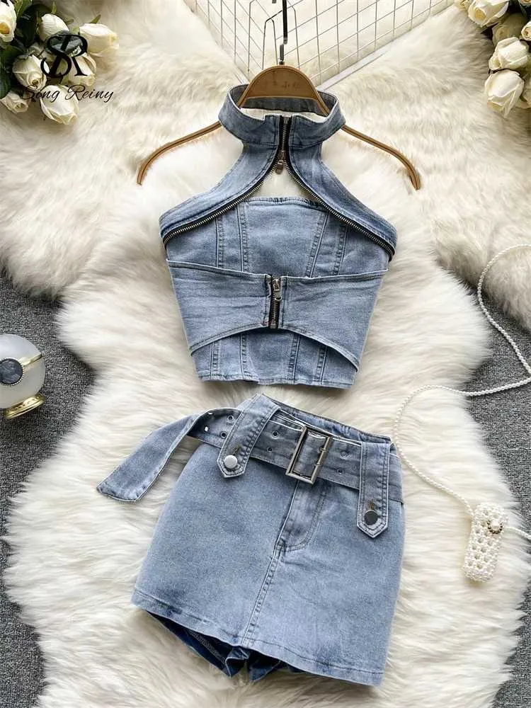 Abito da due pezzi Skeniny Strtwear Suit sexy in denim 2023 Zipper Halter Mini Top+cintura Slim Shor Shor Short Fashion Women Vintage Due pezzi Suit Y240508