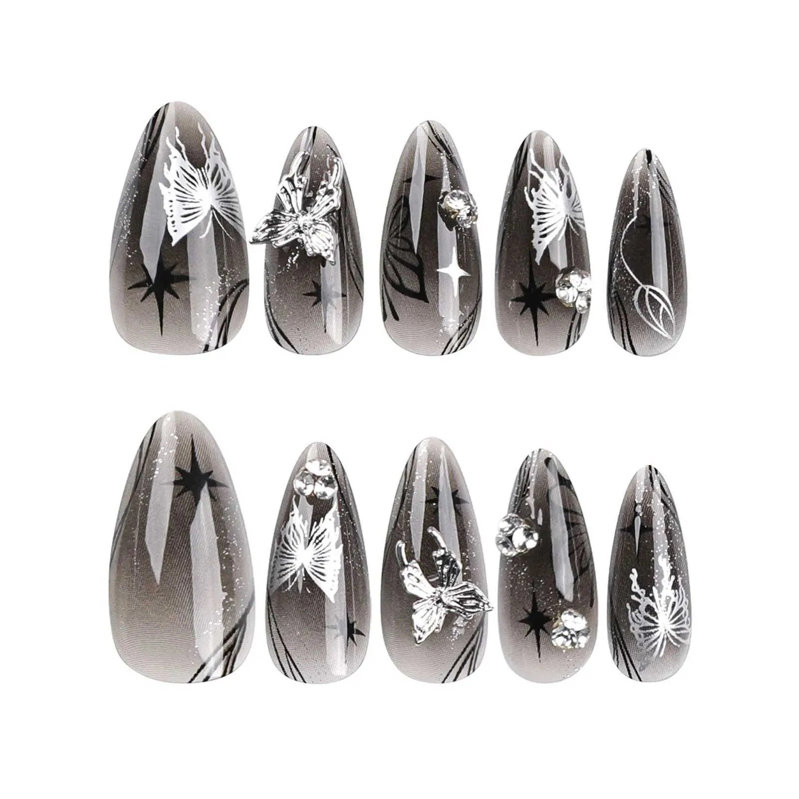 False Nails 3D Sliver Butterfly Decor False Nails Full Cover Fake Nail for Women Lady Almond Black Butterfly Press on nails Patches T240507