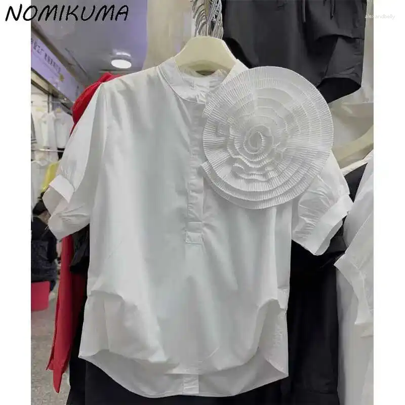 Camicette da donna camicia nomikuma a maniche corte a maniche corta fiore di piastra tridimensionale 2024 estate bordo di nicchia di nicchia di nicchia di nicchia