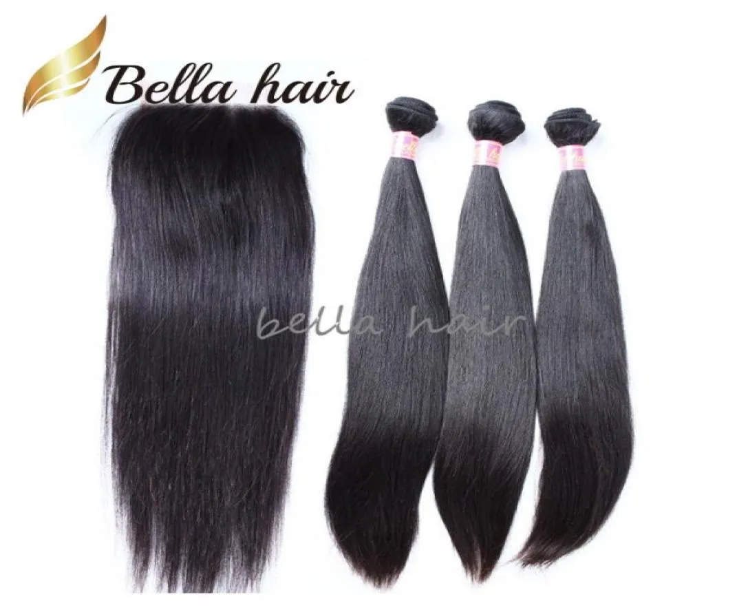 4PCS Virgin Human Hair Weft With Closure 4x4 Natural Color Straight Peruvian Bundles Weaves Full Head 8A8301814