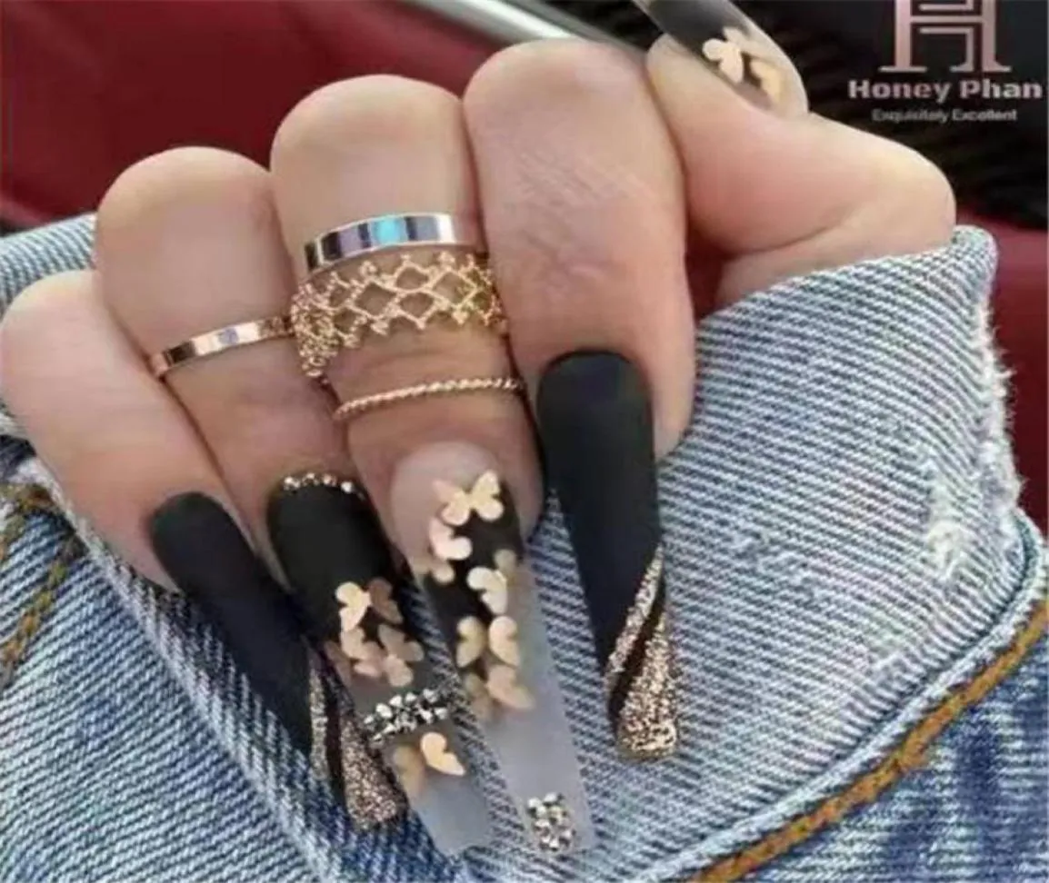 False Nails 24pcsBox Black Matte With Butterfly Design Ballerina Fake Press On French Coffin Full Cover Nail Tips1780013
