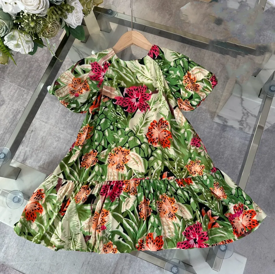 Girls Begonia flower printed falbala dresses kids designer princess clothing summer children puff sleeve beach holiday dress Z8025