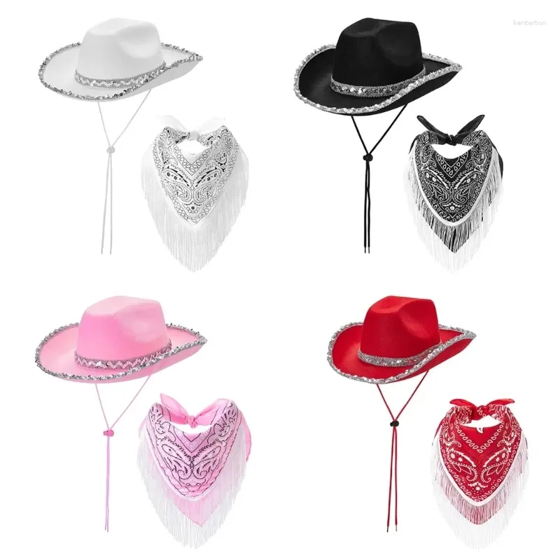 Berets Schal Paillettenkrempe Cowgirl Hat Bandana für Musikfestival Qualled With With