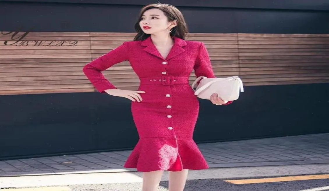 Fashion Elegant Tweed Trumpet Robe Small Fragrance Style Vneck Single Breasted Belt Midi Office Lady Party Robes6041482