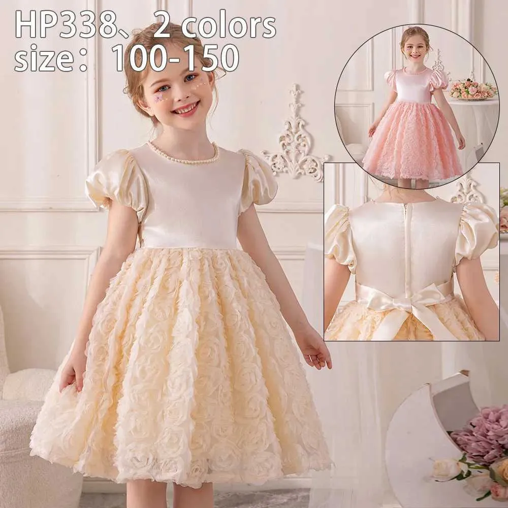 Robes de fille Elbcos 3-8Y Girl Girl Crew Crew Necolline Puff Short à manches longues Lace Lace Robe Holiday Princess Party Dressl2405
