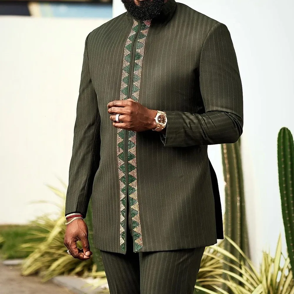 Luxus -Herrenanzug Set Kaunda Tuxedo Outfits Taschenhose Afrikanische ethnische Hochzeit Gentleman 2pcs Sets 240426
