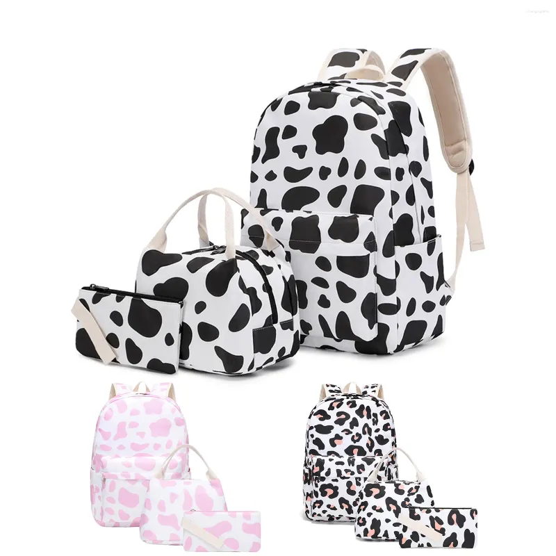 Backpack de bolsas escolares Multi Color Cow Print for Teen Girls Bookbag com lancheira e caixa de lápis Custom