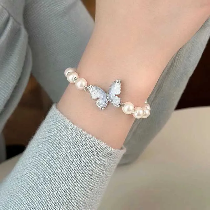 Charm Bracelets New Fashhion Blue Crystal Butterfly Pearl Bracelet Earrings Ring Necklace for Women Advanced Bilayer_voghion.com