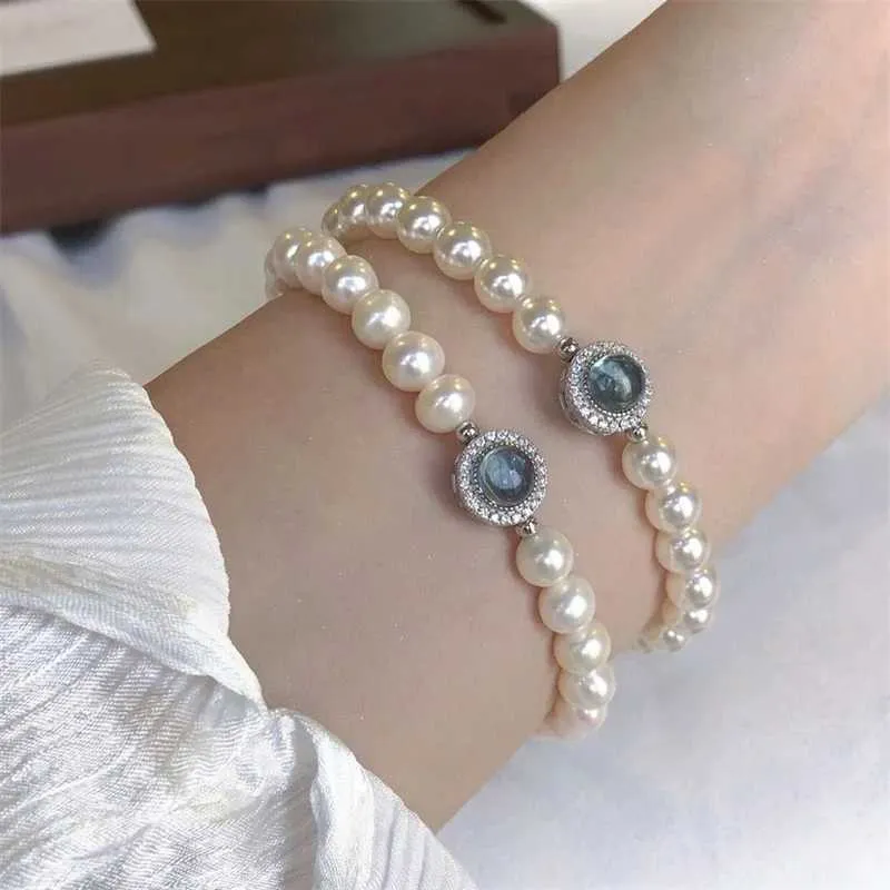Bangle Elegant Aquamarine Gemstone Zircon for Women Round Sier Color Rhinestone Pearl Bracelets Wedding Jewelry Gift_ipsvogv.com