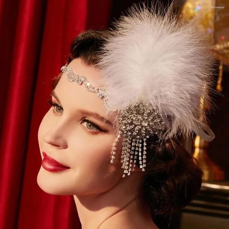 Волосы Clips Stonefans Vintage Gatsby White Feather Calpper Свадебные аксессуары вдохновленные хрустальными цветочными кисточками для женщин
