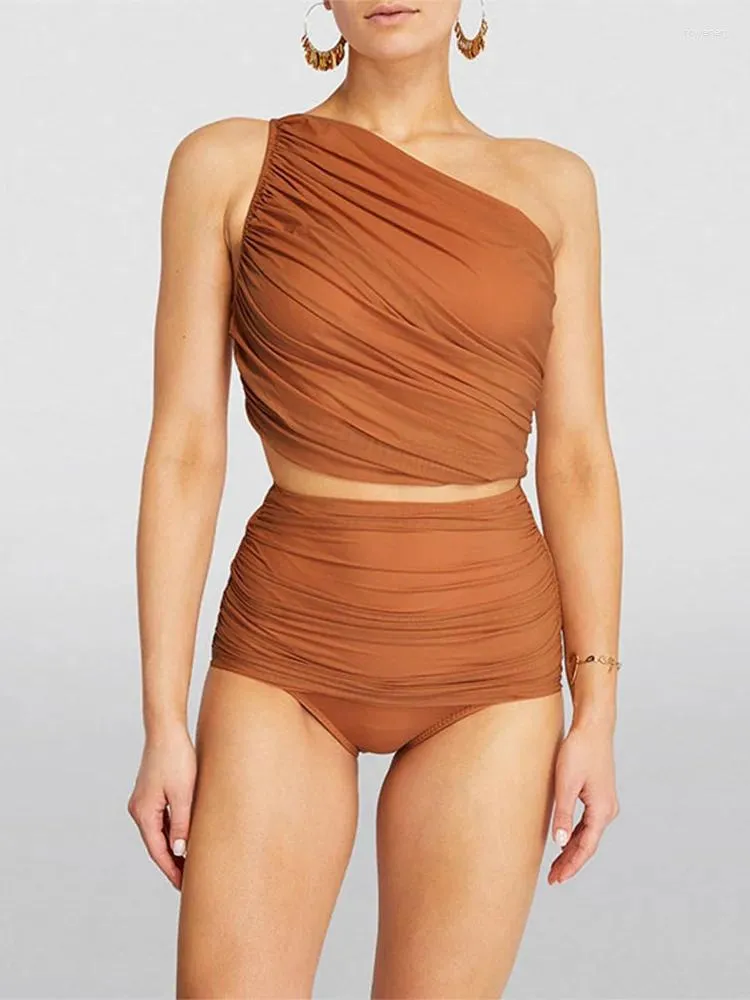 Swimwear féminin Impression solide de maillot de bain à une épaule pour femmes Bikini haute taille en deux pièces avec jupe 2024 Chaisseur de bain