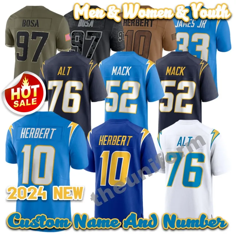 2024 Draft 76 Joe Alt Custom 10 Justin Herbert American Football Trikots 52 Khalil Mack 97 Joey Bosa 33 Derwin James Men Womens Youth Football Trikot S-6xl