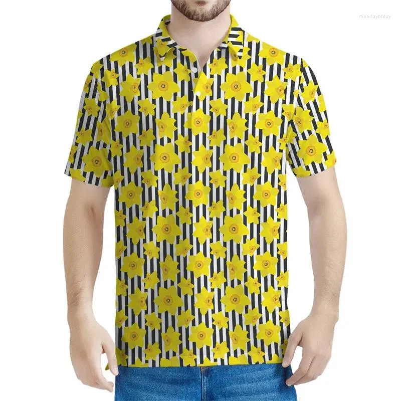 Polos de polos masculinos colorido narcodil 3d impressão de pólo floral masculino de verão casual de mangas curtas plantas de camiseta de tamanho grande