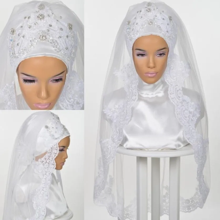 Veaux de mariée mariage musulman pour les mariées 2021 Islamic Hijab Per perle cristaux Appliques Edge Elbow Longueur Head couvrant 230n