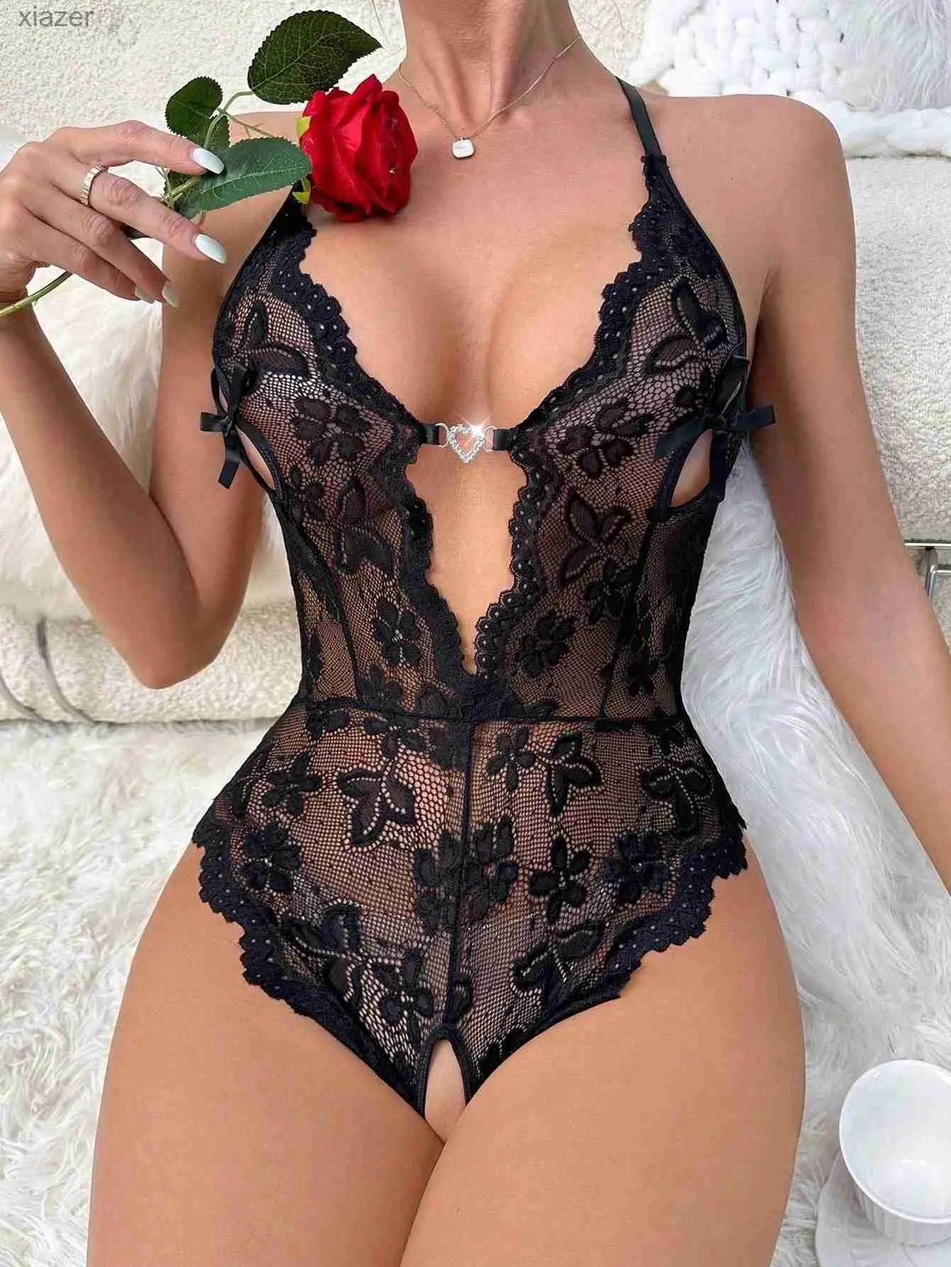 Sexy Pyjamas krottelfrei offener BH sexy Dessous Spitze transparenter Bodysuit für Frauen Deep V Hollow Erotik Unterwäsche Teddy Babydoll Kleid Outfit WX