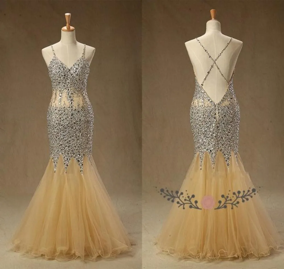 Sparkly Champagne Mermaid goedkope prom -jurken met bling kristallen kralen Backless Long Tule Zie door middel van taille sequolin kralen evenin4497255