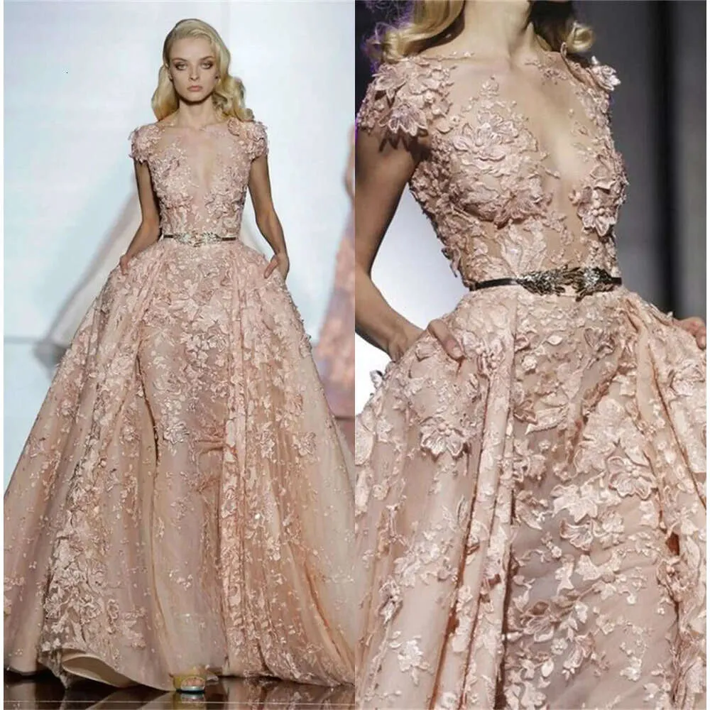 Blush Elegant Zuhair Abites Prom Murad Pink With Overskirt Exquisito abiti da sera con applique in pizzo