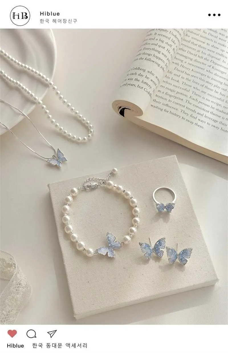 Charm Bracelets New Fashhion Blue Crystal Butterfly Pearl Bracelet Earrings Ring Necklace for Women Advanced Bilayer_voghion.com