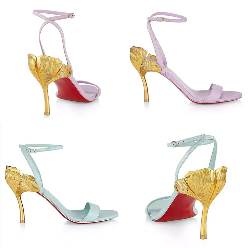 Mujeres Sandalias de diseñador Hardware de flores Tacones altos Sandale 2024 Nuevos zapatos de verano Spares de fiesta de stiletto Heel Luxury Sandal Sandal de piel de oveja abierta de tobillo abierta