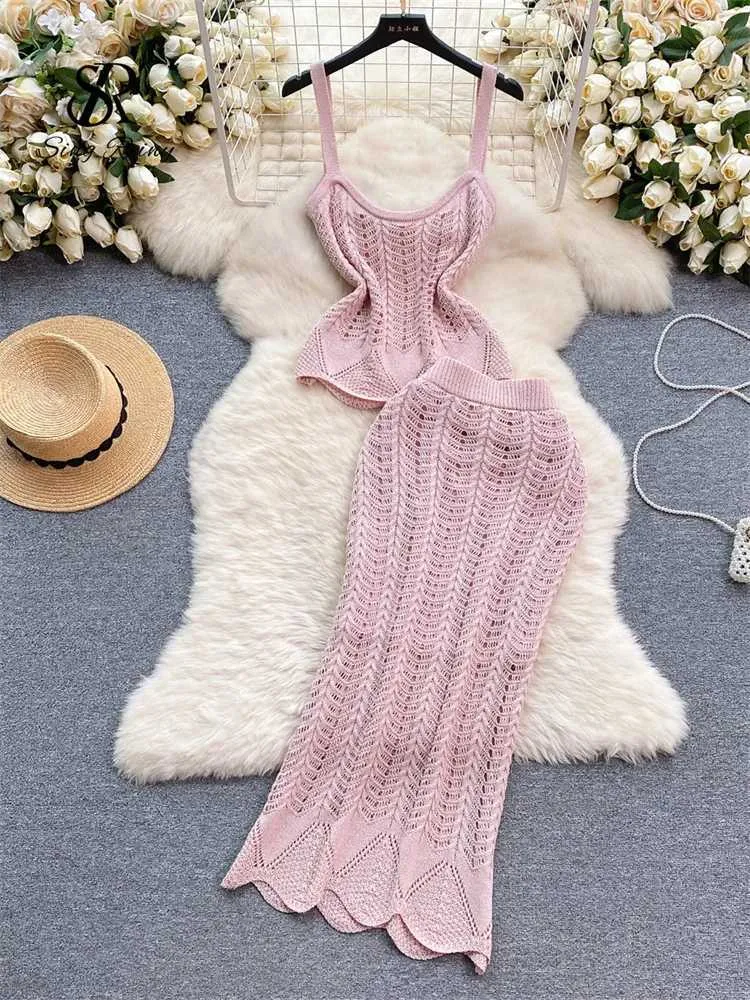 Two Piece Dress SINGREINY Korean Style Swt Women Suits Strap Slveless Slim Top+High Waist Bodycon Skirt 2024 New Fashion Summer Knitted Sets Y240508