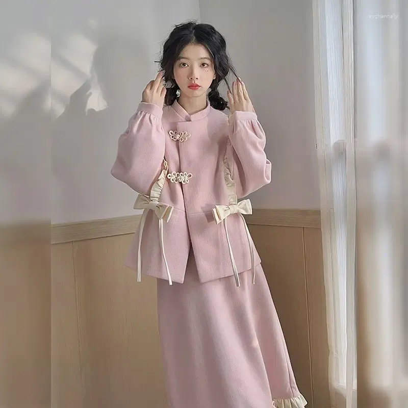 ワークドレスピンクスーツ女性の中国の弓コートツーピーススカート