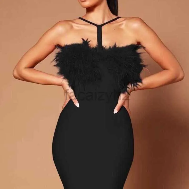 Casual Dresses Designer Dress Wind Hanging Neck Spliced Feather Bra Wrap Hip Dress Party Dress for Women Plus size Dresses