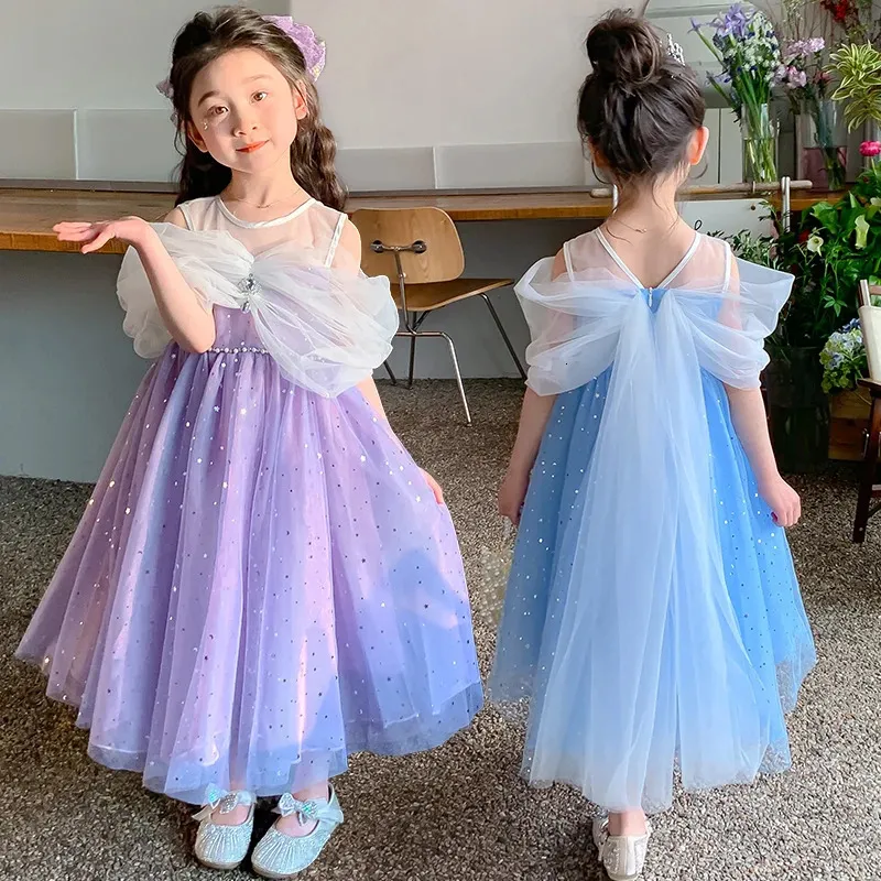 2024 Robe pour enfants Summer Purple Blue Little Girl Ball Princess Birthday Party OneShoulder 3 à 10 ans Robes à paillettes 240423