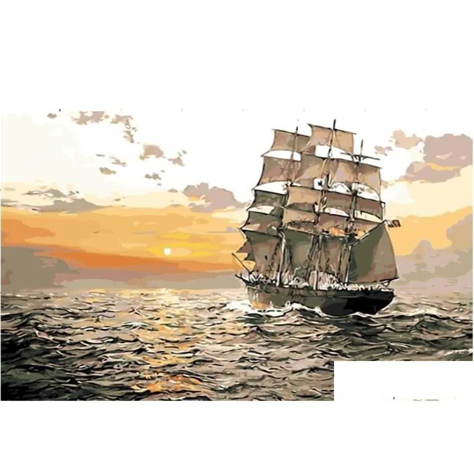 Malereien DIY nach Zahlen adt handbemalte Leinwand Ölfarbe Kits Wanddekoration Sonnenuntergang Segelboot 16 x20 212T9141356 DROP DELN OTSPR