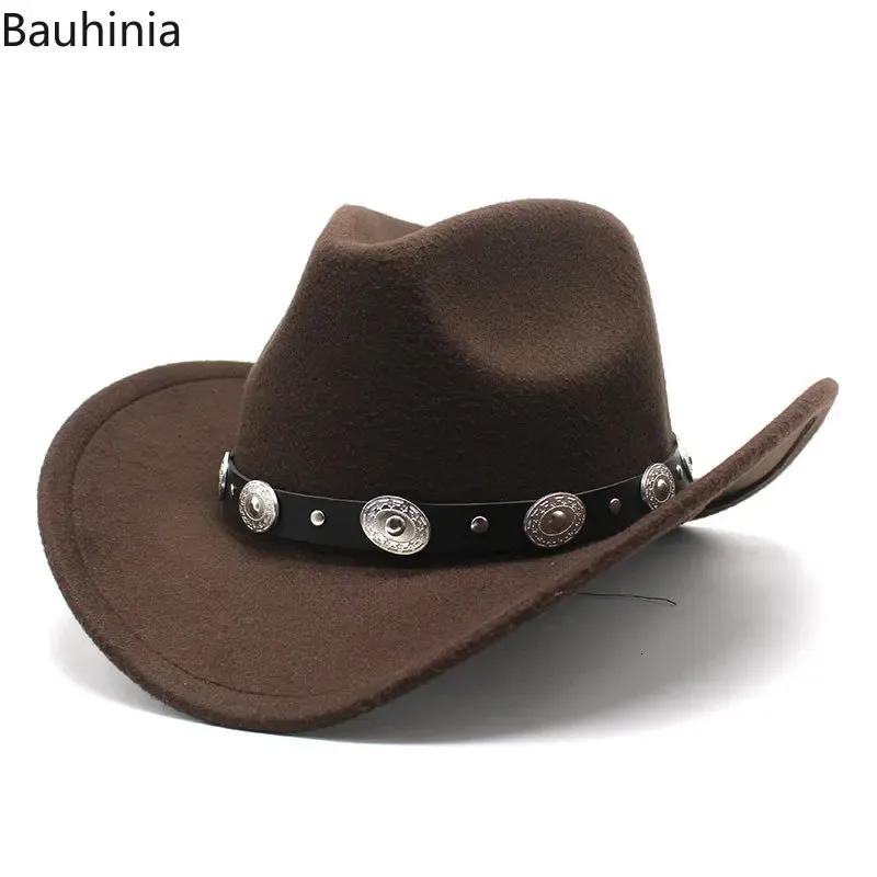 Bauhinia Vintage Western Cowboy Hat for Men Autumn Winter Brim Wide Felt Fedoras Hats Cowgirl Igreja Chapéu de Mulheres 240428