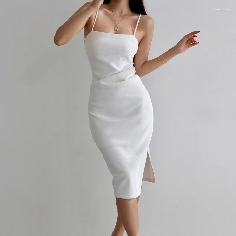 Casual Dresses Women Straight Neck Ruched Design Midi Dress With Thigh Split