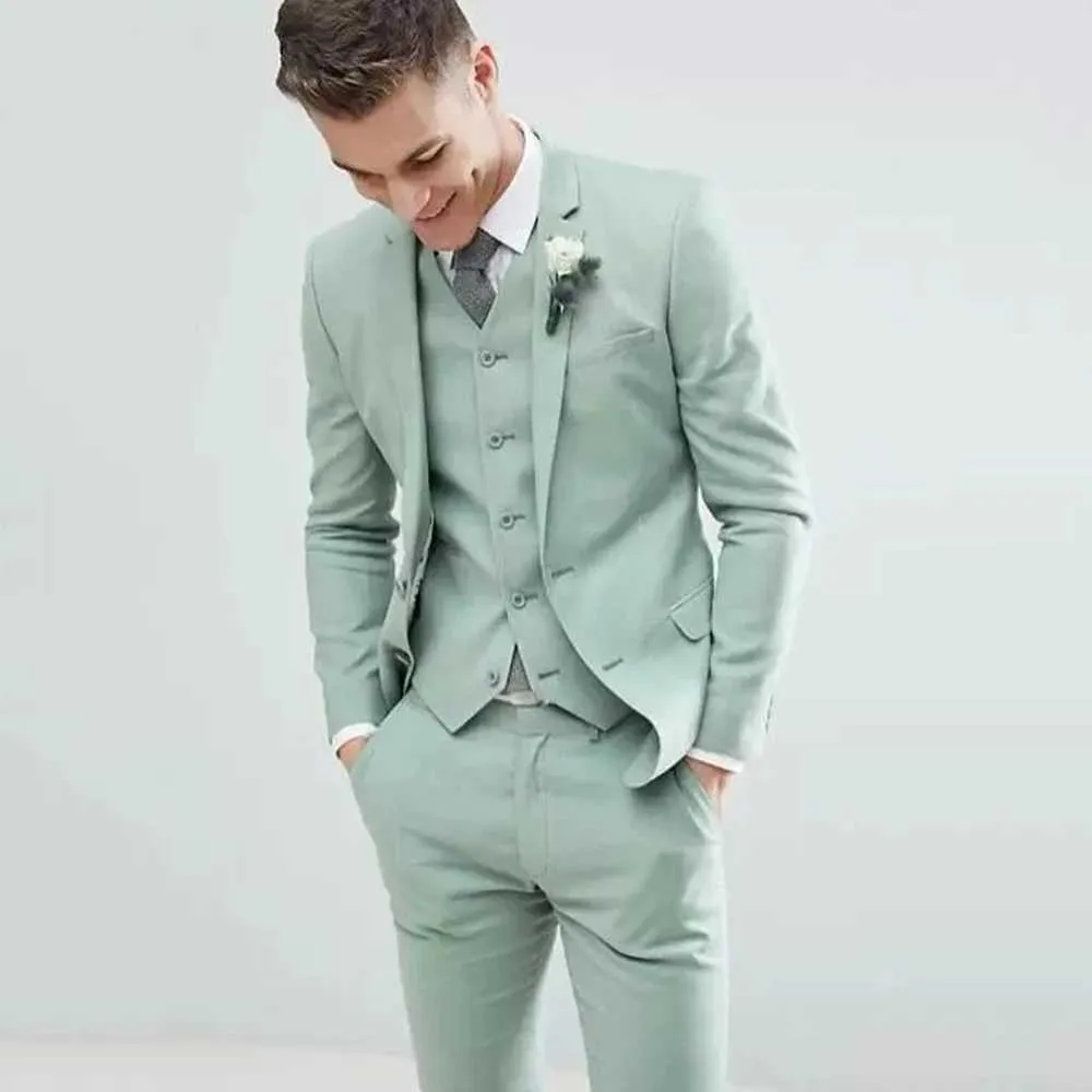 Men's Suits Blazers Light green mens suit wedding tailcoat notch lapel fashionable groom wearing ultra-thin fitting jacket pants and tank top for formal wear Q240507